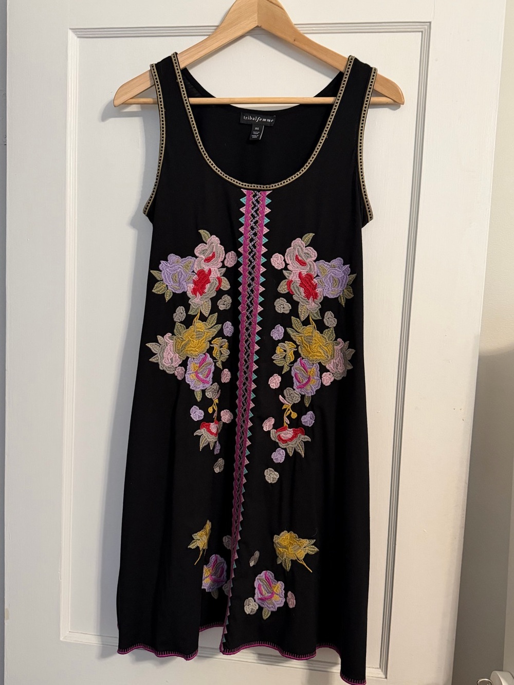 Tribal Black Sleeveless Mini Dress with Multicolor Floral Embroidery